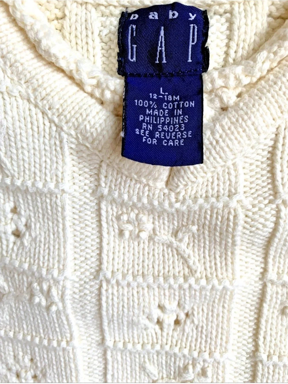 Vtg Y2K Baby Gap Cotton Pointelle Pull Over Ivory Sweater Size 12-18 Months